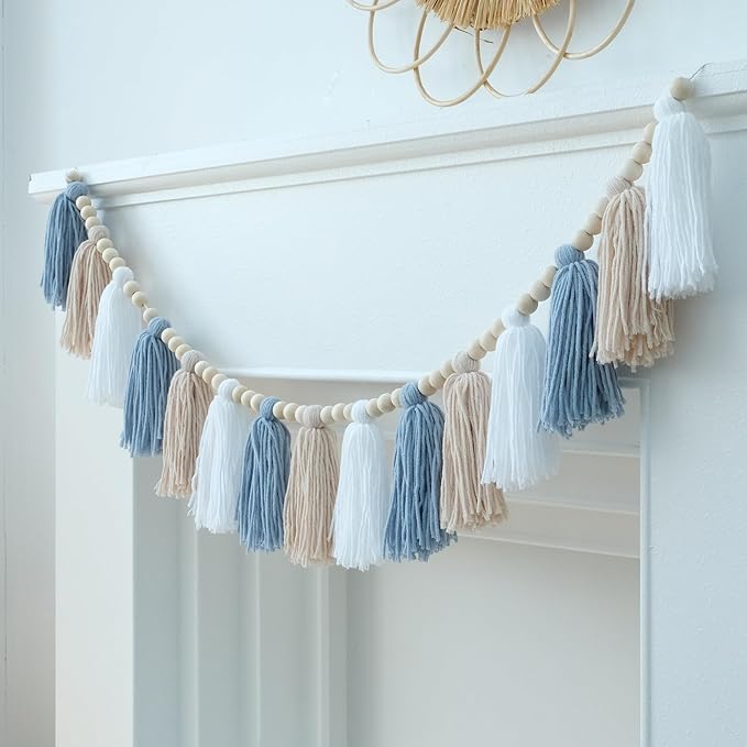 Tassels Garland Blue Boho Wall Hanging with Wooden Beads