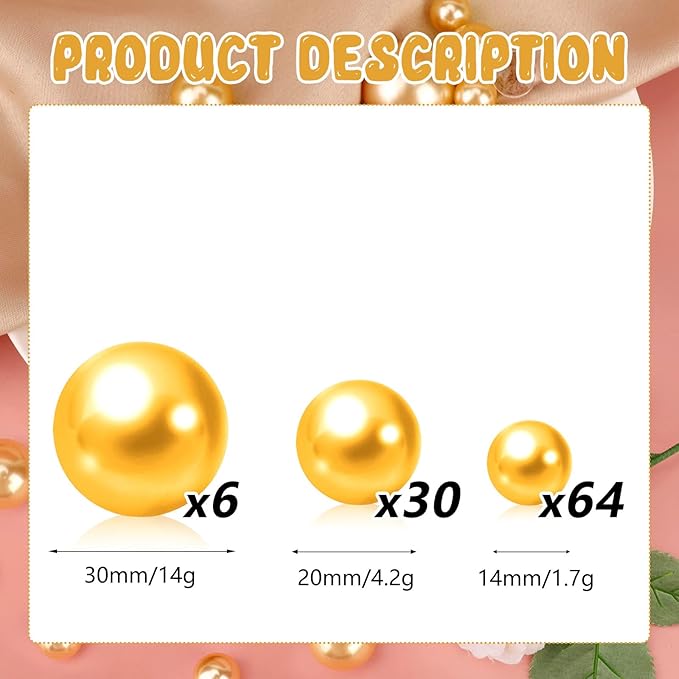 Vase Fillers: 100 No-Hole Golden Faux Pearl Beads in 3 Sizes
