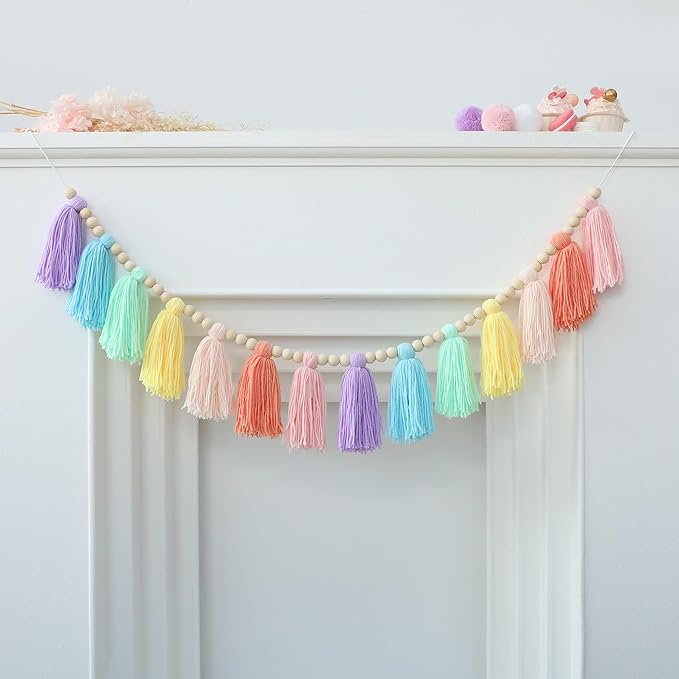 Tassel Garland Pastel Macaron Boho Wall Decor with Wood Beads