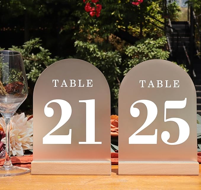 Tabletop Signs 21-25, Frosted Acrylic with Wood Stands, 5 x 7 Inch