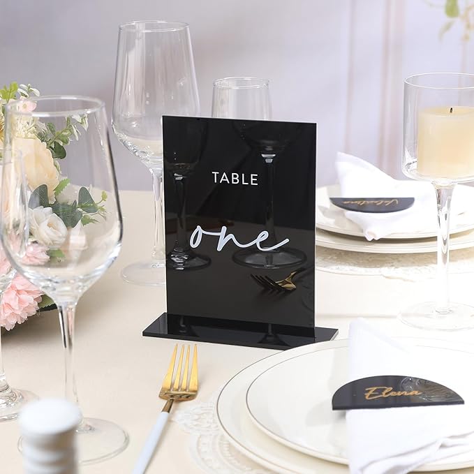 UNIQOOO Black Wedding Double Sided Table Numbers with Stands 1-15 set, 5x7'' Acrylic Signs with Holders and Printed Calligraphy, Seat Display Wedding Decor Perfect for Centerpiece, Reception