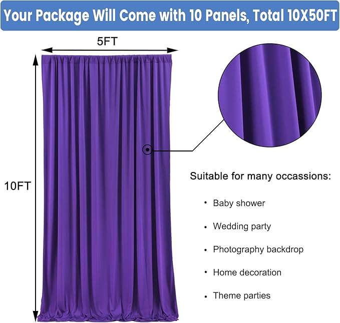 Backgrounds: Purple Wrinkle-Free Backdrop Curtain, 10 Panels, 5 ft x 10 ft