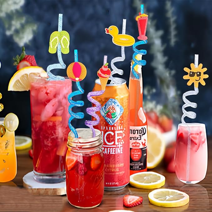 Straws, 24 Count Reusable Glitter Beach Design for Summer Parties