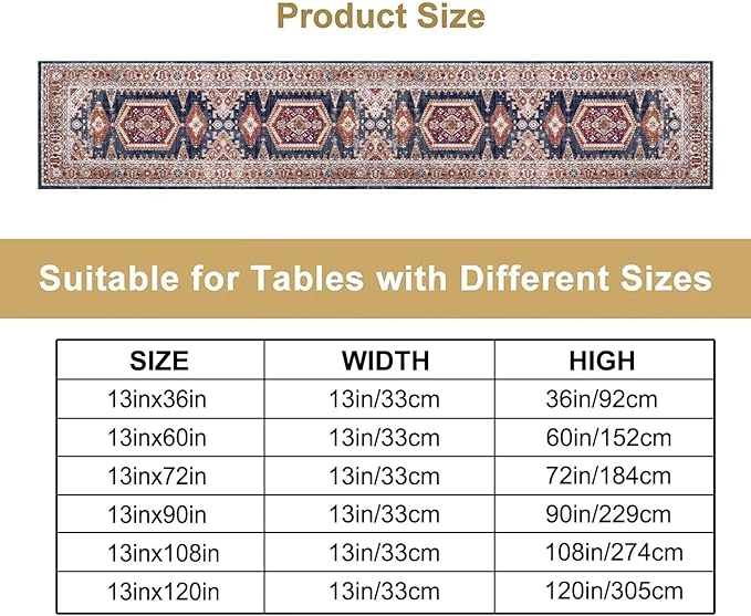 Vintage Boho Table Runner,Flower Geometric Design Rustic Farmhouse Table Runner for Home Farmhouse Kitchen Table Dining Coffee Room Garden Party Wedding Decor 13x72in