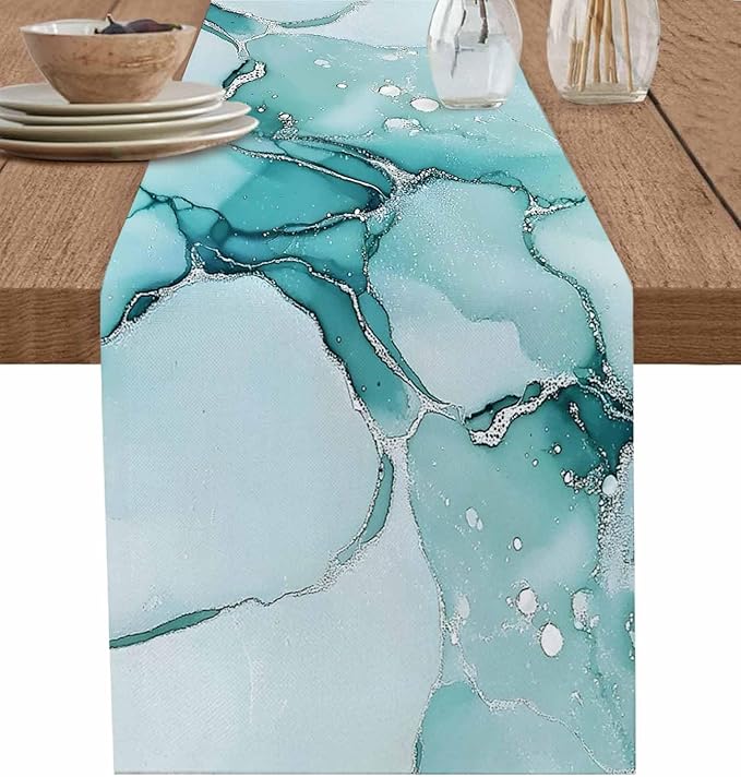 Turquoise Marble Cotton Linen Table Runner for Dining Kitchen, Wedding Outdoor Party Tablerunners Decoration, Nature Marble Crack Country Retro Dresser Scarf Coffee Tablecloth Runners 13x48 Inches