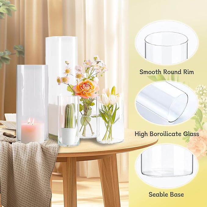 15pcs Glass Vase Cylinder Vases for Centerpieces Small Flower Glass Vases Home Decor Centerpiece Table Clear Flower Vase Decorations for Wedding＆Holiday 4,6,7.5,8,10 Inch Tall