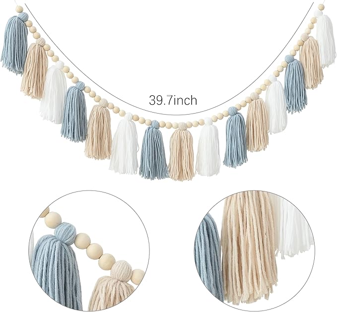 Tassels Garland Blue Boho Wall Hanging with Wooden Beads