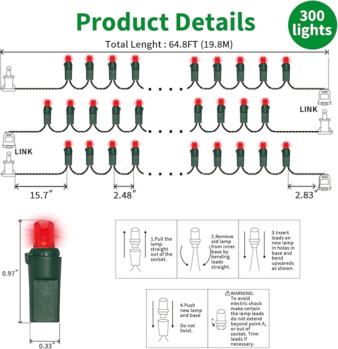 String Lights 64.8 ft Red LED Outdoor, 300 Bulbs, Green Wire