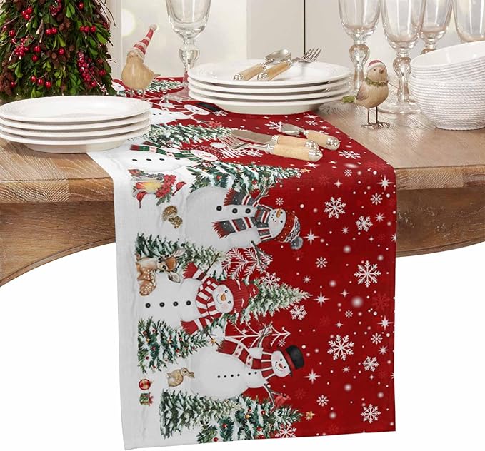 Christmas Snowman Cotton Linen Table Runner for Dining Kitchen, Xmas Tree White Snowflakes Winter Wedding Outdoor Party Tablerunners Decoration, Dresser Scarf Coffee Tablecloth Runners 13x36 Inches