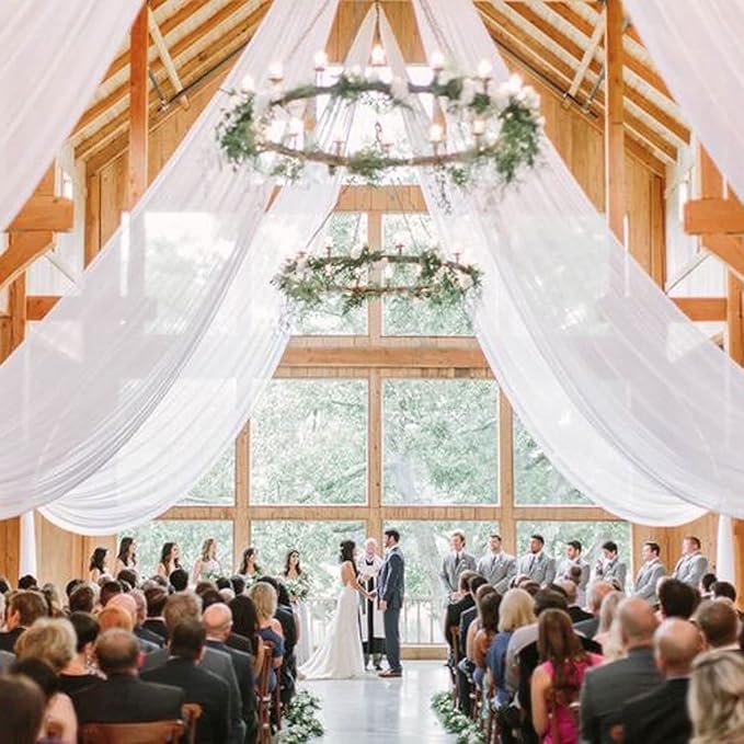 MODFUNS Ceiling Drapes for Weddings White Sheer Ceiling Draping 5x30ft 2 Panels Chiffon Ceiling Curtain Wedding Arch Draping Fabric Tulle Ceiling Drapery for Ceremony Arbor Party Stage Decoration