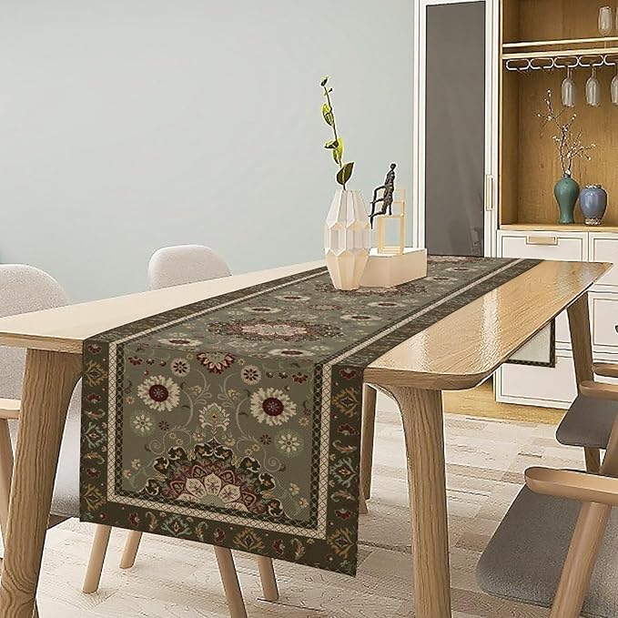Vintage Paisley Floral Table Runner, Brown Boho Rustic Farmhouse Flower Pattern for Home Kitchen Table Decor Dining Coffee Room Party Decor 13x60in