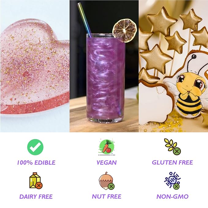 Edible Glitter Powder, 10 Colors, 4 g, Vegan Shimmer for Drinks and Desserts
