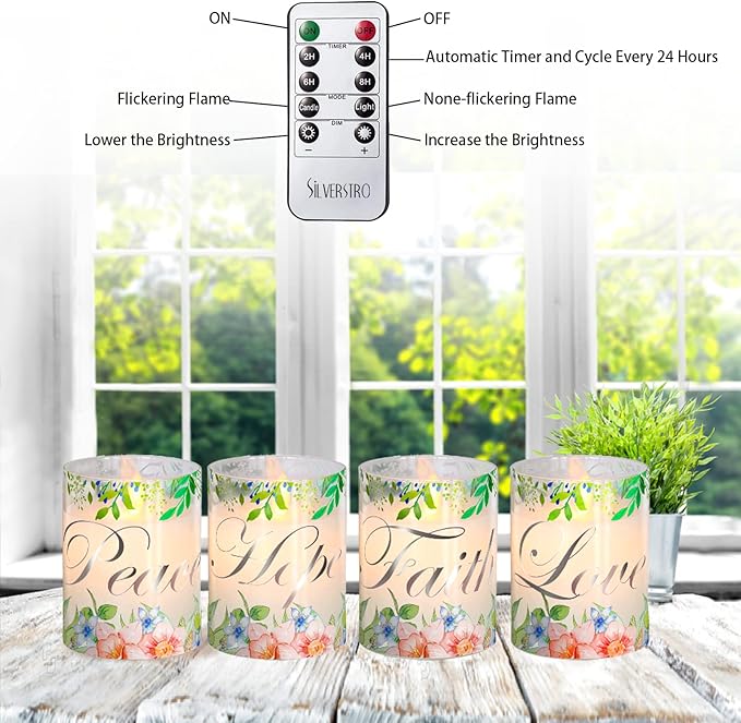 Silverstro Christmas Flameless Candles Glass Flickering Real Wax Floral LED Candles with Remote - Home Party Room Botanical Holiday Decor Set of 4