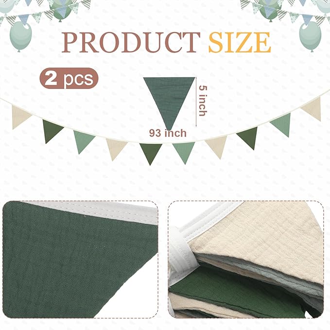 Pennant Banner Set, Cotton, 2 Strips of 10 Flags, Green and Beige