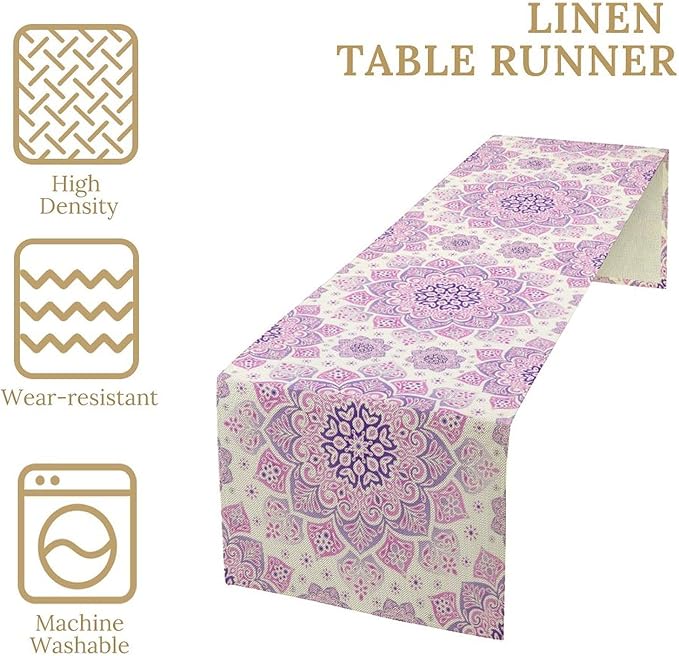 Purple Pink Mandala Table Runner, Traditional Indian Boho Mandala Flowers Print Table Runne for Kitchen Dining Table Office Wedding Party Holiday Home Decor, 13x60inch