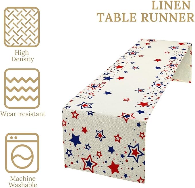 4th of July Table Runner, American Stars Patriotic Independence Day Table Runner for Indoor Outdoor Party Home Kitchen Dining Table Decor, Blue Red, 13x36inch