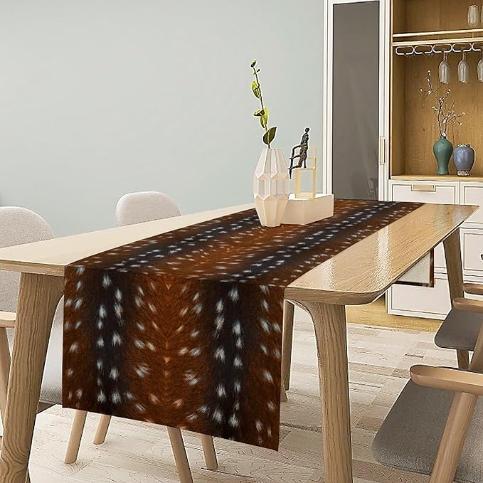 Deer Skin Table Runner Brown Fur Runner Black White Elk Deer Print Fur Western Print Cotton Linen Cottage Dinner Table Runners for Dining Room Kitchen Table Setting, 13x36 Inch