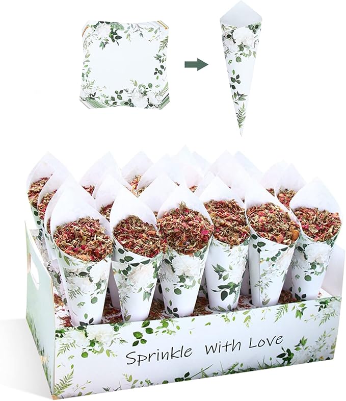 30 Pieces biodegradable confetti Cones and Stand Tray Paper Cone Box 30 Holes Suitable Placing Dried Flower Petals Confetti for Wedding, Engagement, Party, Birthday (Green)
