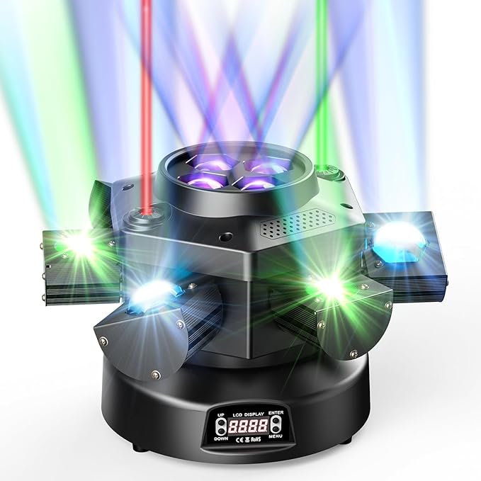 Moving Head DJ Lights, 150W RGBW LED Moving Head Light with Mixed Lighting Effects, 6 Arms Party Lights Support DMX-512 & Sound Activated, Stage Lights for Party Disco KTV Wedding Club