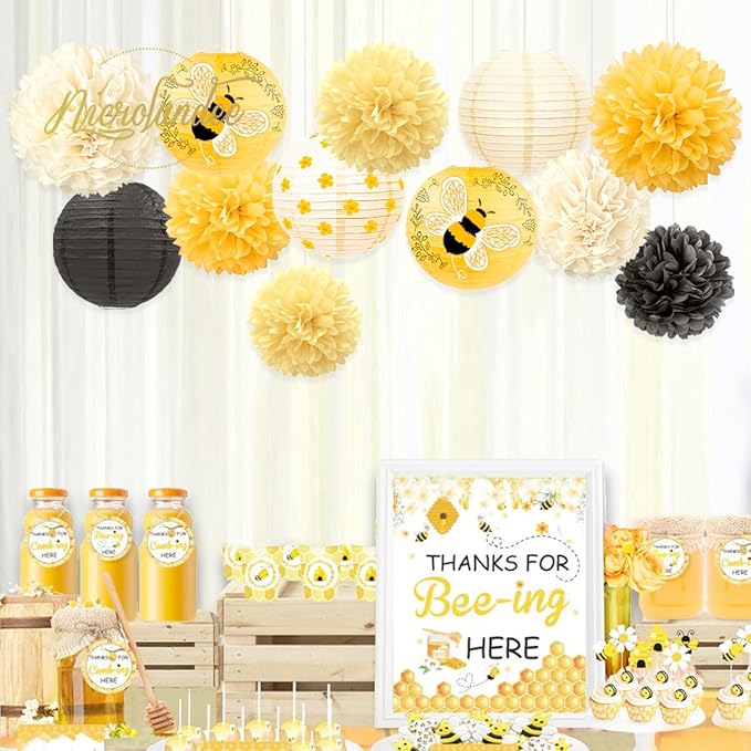 Tissue Pom Poms and Paper Lanterns, 12 Pieces, Yellow Bee Design