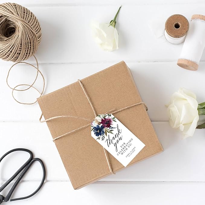 Andaz Press 100-Pack Personalized Thank You for Celebrating with Us Wedding Favor Tags with Bakers Twine Navy Blue Burgundy Florals Custom Cardstock Wedding Gift Tags for Party Favors 2 x 3.75-Inches