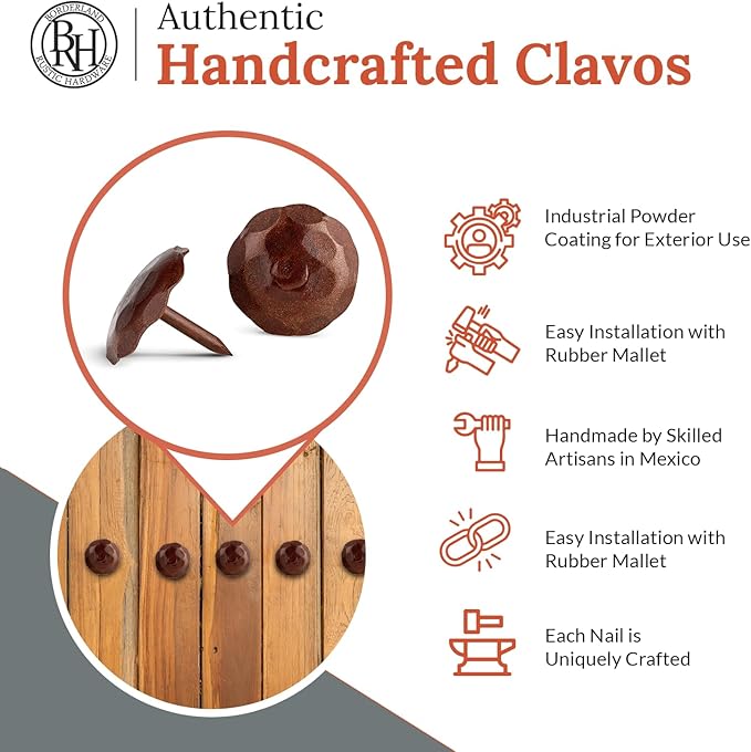 50 Pack 1" Small Round Head Iron Clavos Decorative Nails – Sealed Rusted – Handmade Rustic Round Fasteners for Farmhouse Shutter, Faux Wood, Barn Door, Shutters, and Gates – Ornamental Wood Accent