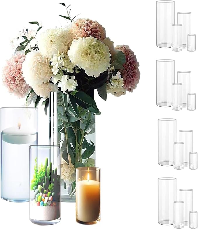 Cylinder Flower Vases, Clear Glass, 16-Piece Set in 4 Sizes