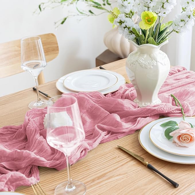 Asee'm 12pcs Cheesecloth Table Runner 120 Inches Long Pink Boho Gauze Cheese Cloth Runner 10FT Rustic Sheer Table Runners for Christmas Wedding Party Baby Shower Spring Easter Decoration