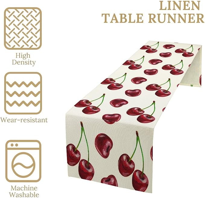 Red Cherry Table Runner Watercolor Spring Summer Wild Berry Tropical Fruit Theme Dinner Runner for Girl Baby Shower Party Holiday Home Kitchen Dining Table Decor 13x60