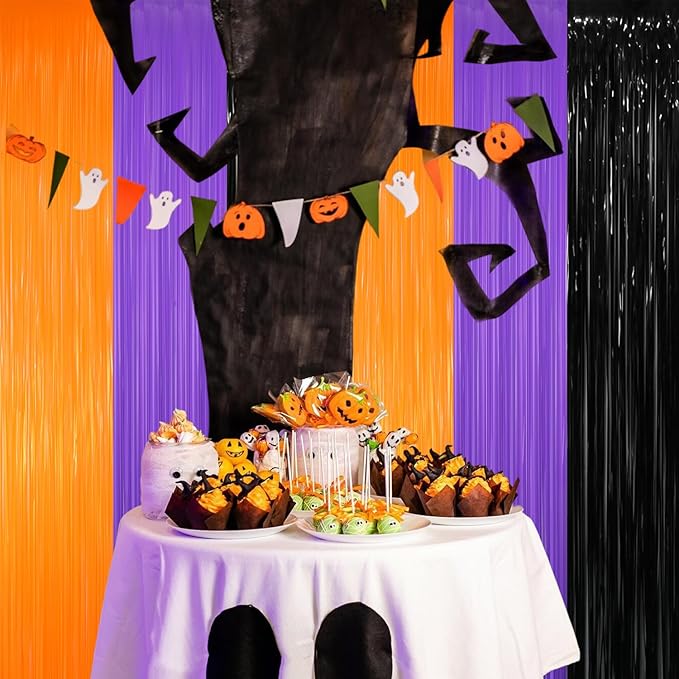 GOER 3.2 ft x 8.2 ft Metallic Tinsel Foil Fringe Curtains for Halloween Birthday Graduation New Year's Party Decorations(1 Pack,Black&Orange&Purple)