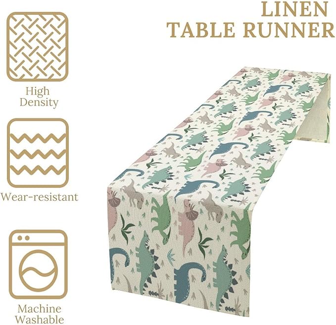 Cartoon Dinosaur Table Runner,Kids Boys Cute Colorful Animal Dino Abstract Print Tablecloth Burlap for Hotel Indoors Outdoor Dining Room Kitchen Holiday Party, 13x108in