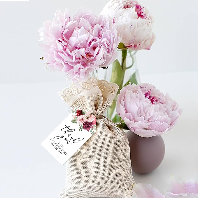 Andaz Press 100-Pack Thank You for Celebrating with Us Favor Tags Pink Burgundy Florals Cardstock Gift Tags with Bakers Twine for Wedding Baby Shower Bridal Shower Party Favors 2 x 3.75-Inches