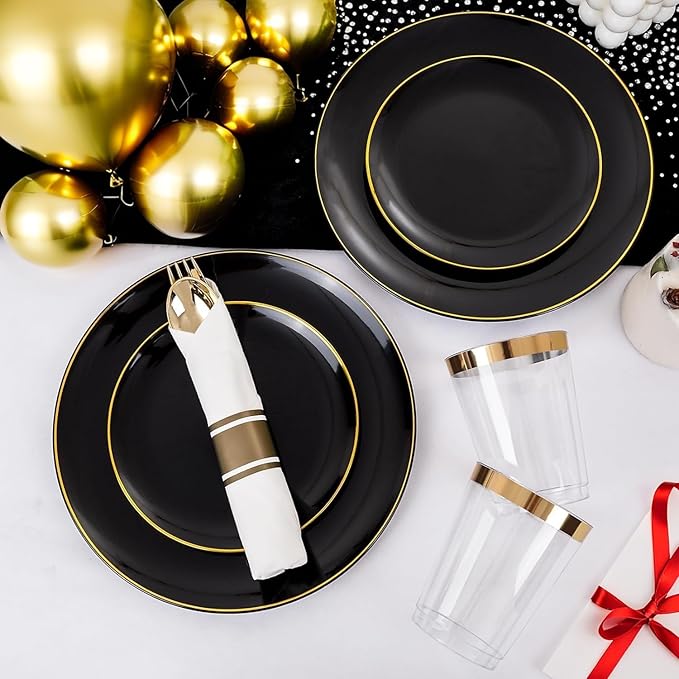 KIRE 350 PCS Plastic Dinnerware Set for 50 Guests - Black and Gold Plates 50 for Dinner 50 for Dessert & 50 Pre Rolled Napkins with Disposable Silverware 50 Cups for Halloween Party/Banquet/Wedding