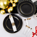 Plastic Dinnerware Set for 50 Guests, 350 PCS, Black and Gold Plates