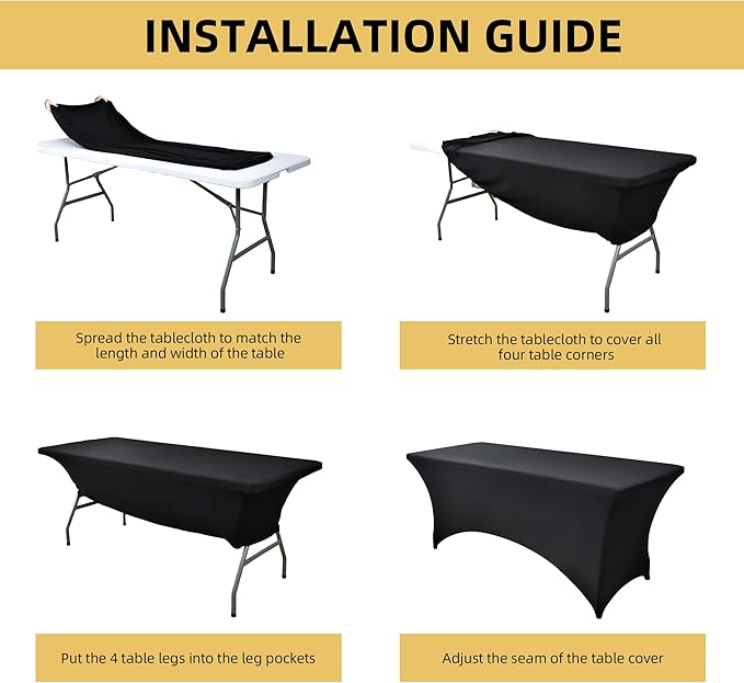 6-Pack 8ft Black Spandex Table Covers for Rectangle Folding Tables - Washable Elastic Tablecloth - Ultimate Fitted Table Protector for Birthday Parties, Trade Shows, Banquet