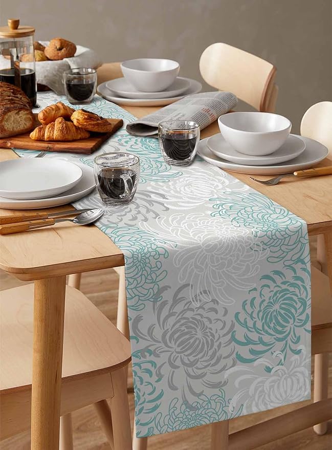Auqa Chrysanthemum Cotton Linen Table Runner for Dining Kitchen, Wedding Outdoor Party Tablerunners Decoration, Farmhouse Floral Botanical Leaves Dresser Scarf Coffee Tablecloth Runners 13x72 Inches