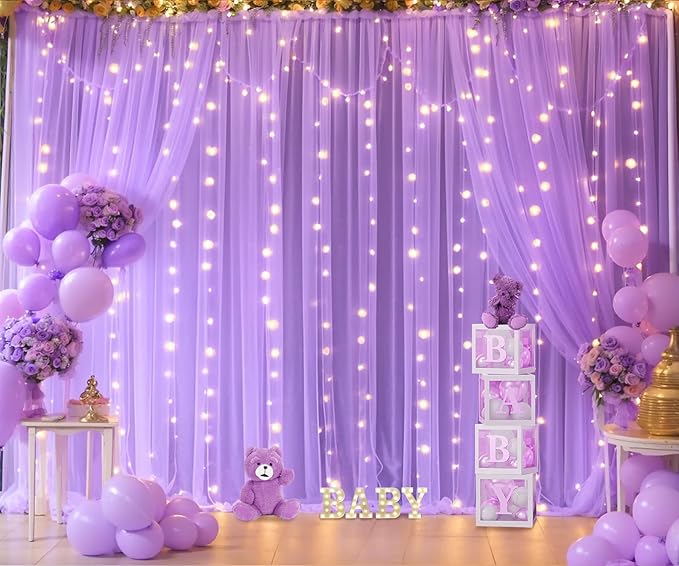 Lavender Tulle Photo Backdrop Curtain with Lights String for Parties Wedding Bridal Shower Sheer Lavender Curtain Backdrop for Birthday Baby Shower Photo Booth Photography 10ft x 8ft