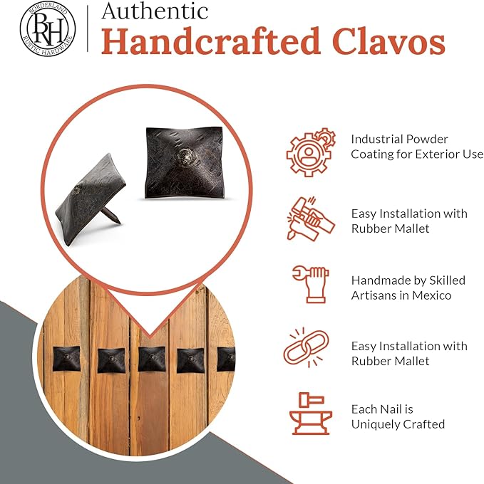 10 Pack 1.5" Square Head Iron Clavos Decorative Nails – Sealed Unfinished – Handmade Rustic Square Fasteners for Farmhouse Shutters, Faux Wood, Barn Doors, Shutters, Gates – Ornamental Wood Accent