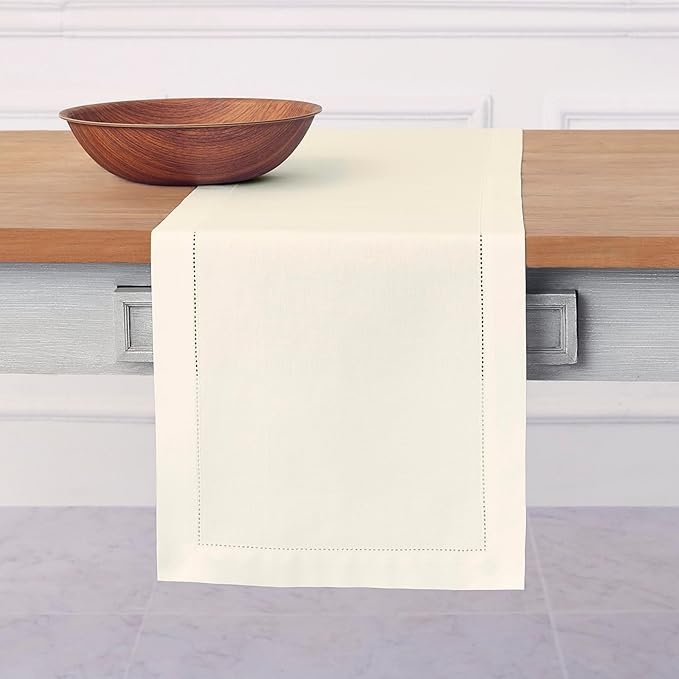 Solino Home Ivory Table Runner 90 Inches Long - Cotton Linen Hemstitch 14 x 90 Inch Table Runner for Dining, Fall, Autumn, Thanksgiving, Holiday