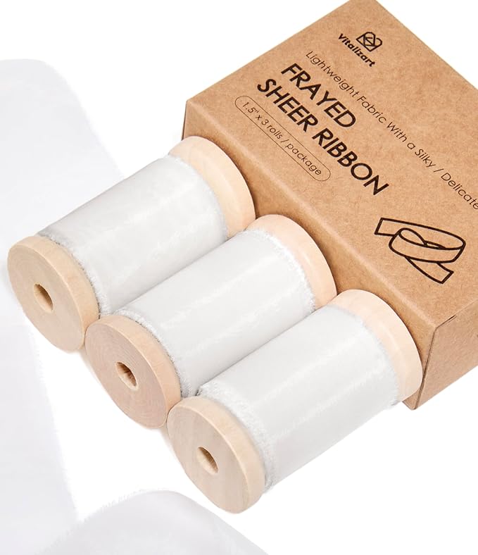 Vitalizart White Organza Ribbon Frayed Sheer Organza 1.5" Silk Like Ribbons for Gift Wrapping Craft Flower Bouquet Wedding Invitations Mesh Fabric Off White Ivory 15 Yards