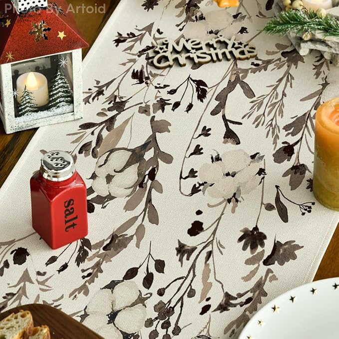 Artoid Mode Leaves and Flowers Cotton 210 GSM Winter Table Runner, Seasonal Christmas Kitchen Dining Table Decoration for Home Party Decor 13x36 Inch