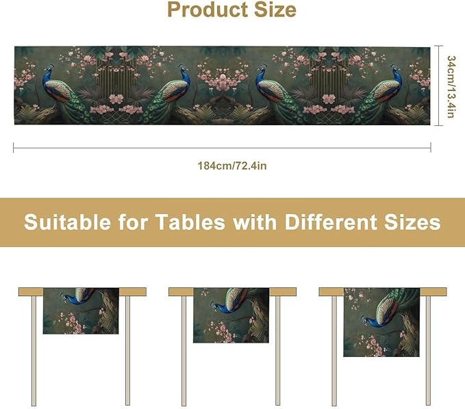 Peacock Table Runner,Vintage Aesthetic Peacock Birds Table Runner for Home Kitchen Dining Party Indoor Outdoor Decoration 13x90 Inch