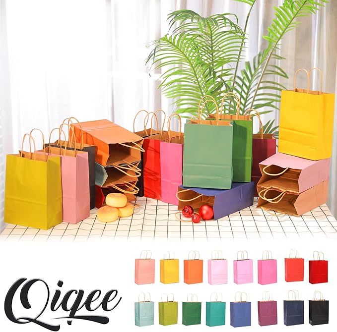 qiqee 100Pcs Medium Size Paper Gift Bags with Handles - 11"x8.3"x4.3" Kraft Small Party Bags - 16 Solid Colors