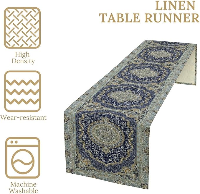 Boho Bohemia Style Blue Teal Table Runner, Country Rustic Farmhouse Magical Abstract Print Pattern for Home Kitchen Table Decor Dining Coffee Room Garden Party Decor 13x36in