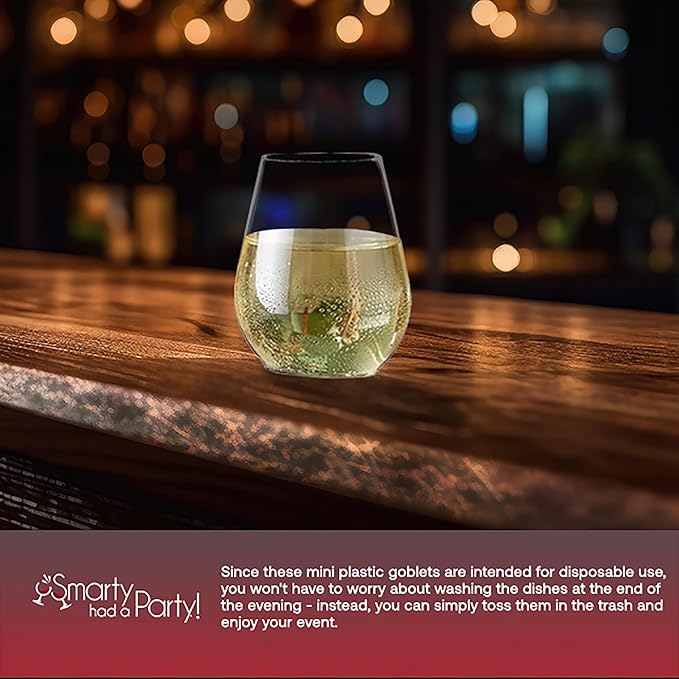 Smarty Had A Party 4 oz Clear Stemless Plastic Mini Goblets, Unbreakable Disposable Wine Goblets for Weddings, Parties, and Events, Bulk Drinkware for Celebrations (80 Count)