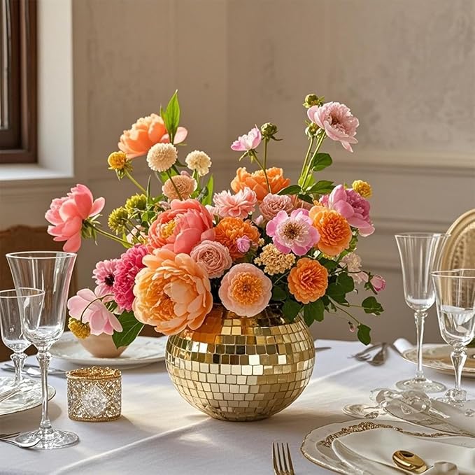 Disco Ball Glass Vases Set of 6, 5 x 6 Inch Party Centerpieces