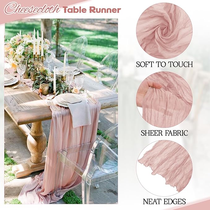 Aktor 12 Pack Dusty Pink Table Runner Boho Cheesecloth Table Runner Semi Sheer Gauze Fabric Runners for Wedding Birthday Baby Shower Party Boho Table Decoration（Dusty Pink）