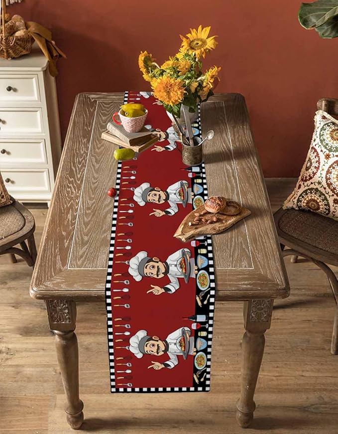 Red Chef Gourmet Cotton Linen Table Runner for Dining Kitchen, Wedding Outdoor Party Tablerunners Decoration, Black White Check Plaid Funny Kitchen Dresser Scarf Coffee Tablecloth Runners 13x72 Inches