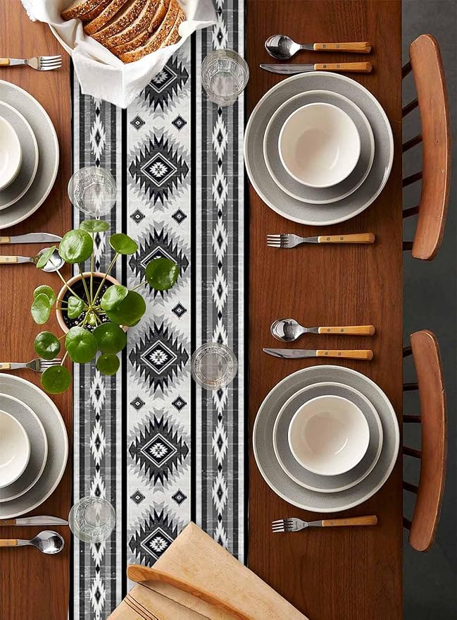 Aztec Southwest Cotton Linen Table Runner for Dining Kitchen, Wedding Outdoor Party Tablerunners Decoration, Boho Ethnic Tribes Vintage Grey Dresser Scarf Coffee Tablecloth Runners 13x90 Inches