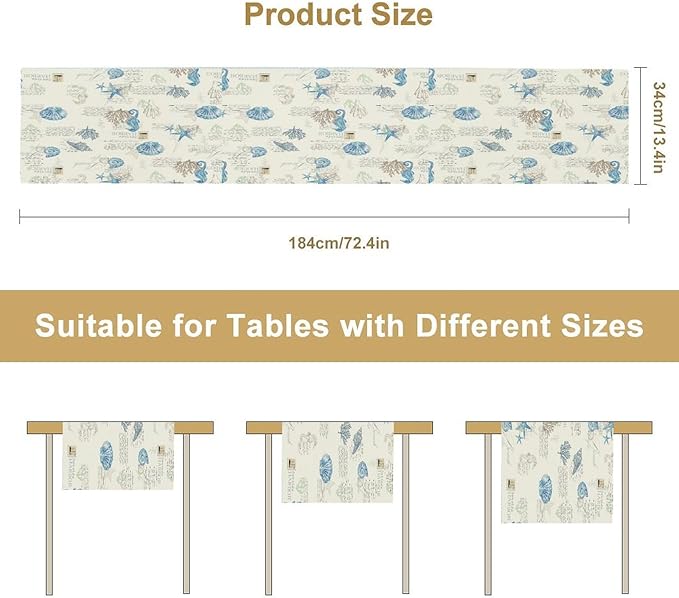 Starfish Table Runner,Vintage Nautical Seashell Tropical Beach Theme Coastal Ocean Sea Burlap for Hotel Indoors Outdoor Dining Room Kitchen Tablecloth, 13x70in